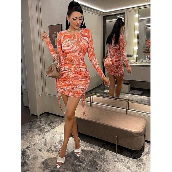 NWT Floerns Womens Marble Print Drawstring Side Bodycon Dress Orange White SZ M - Picture 2 of 13